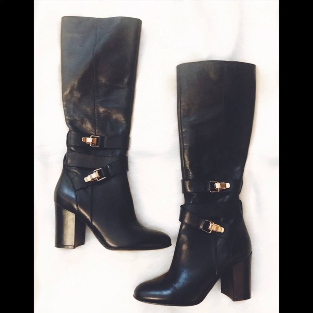 Sam Edelman Black Heeled Boots Gold Hardware